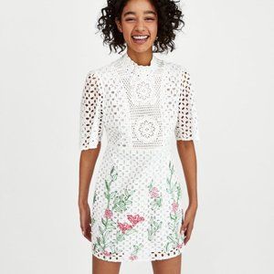 Zara White Crochet Eyelet Floral Embroidery Dress